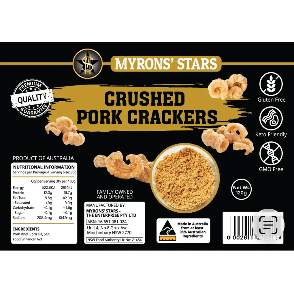Myrons' Stars Pork Crackers Crushed 30x120g ***Back In Stock***