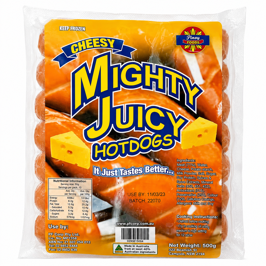 FROZEN Mighty Juicy Cheesy Hotdogs 30x500g ***New Product*** 