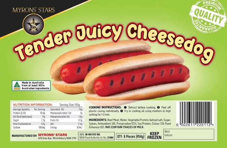 FROZEN Myrons' Star Tender Juicy Cheesedog 30x454g