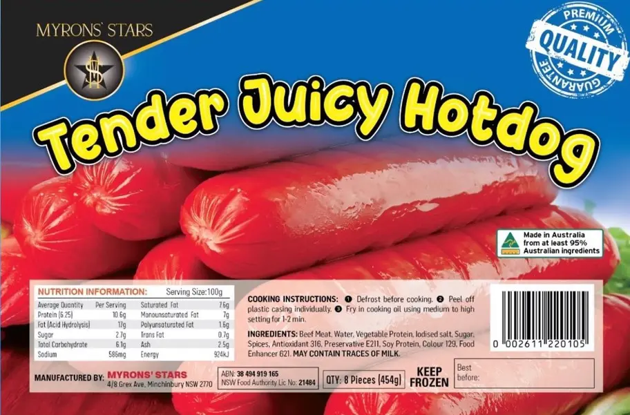 FROZEN Myrons' Star Tender Juicy Hotdog 30x454g