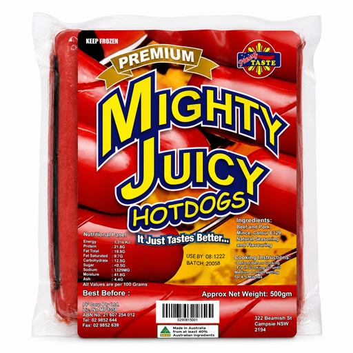FROZEN Mighty Juicy Regular Hotdogs 30x500g ***New Product***