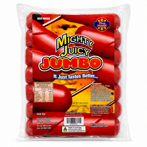 FROZEN Mighty Juicy Jumbo Hotdogs 15x500g ***New Product***