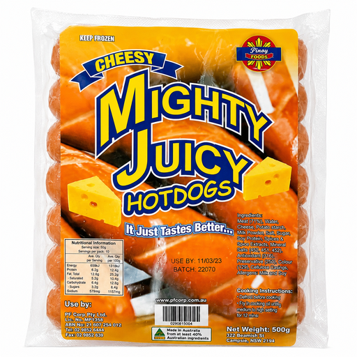 FROZEN Mighty Juicy Cheesy Hotdogs 30x500g ***New Product*** 