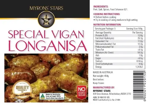 [MYR-VIG-002] FROZEN Myrons' Star Longanisa Special Vigan 30x454g