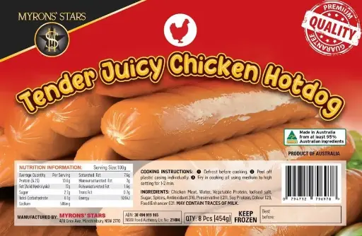 FROZEN Myrons' Star Tender Juicy Chicken Hotdog 30x454g 