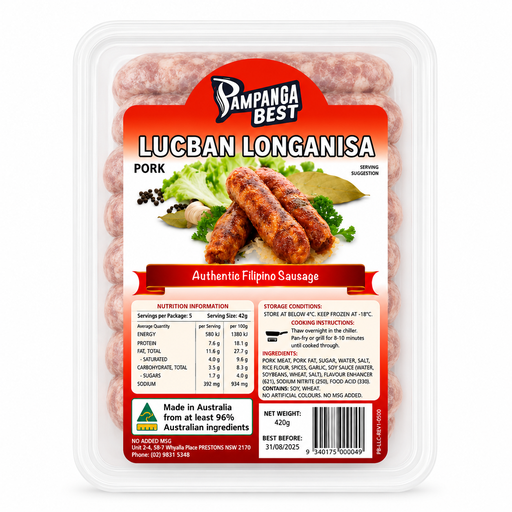 FROZEN Pampanga Best Pork Longanisa Lucban 30x450g